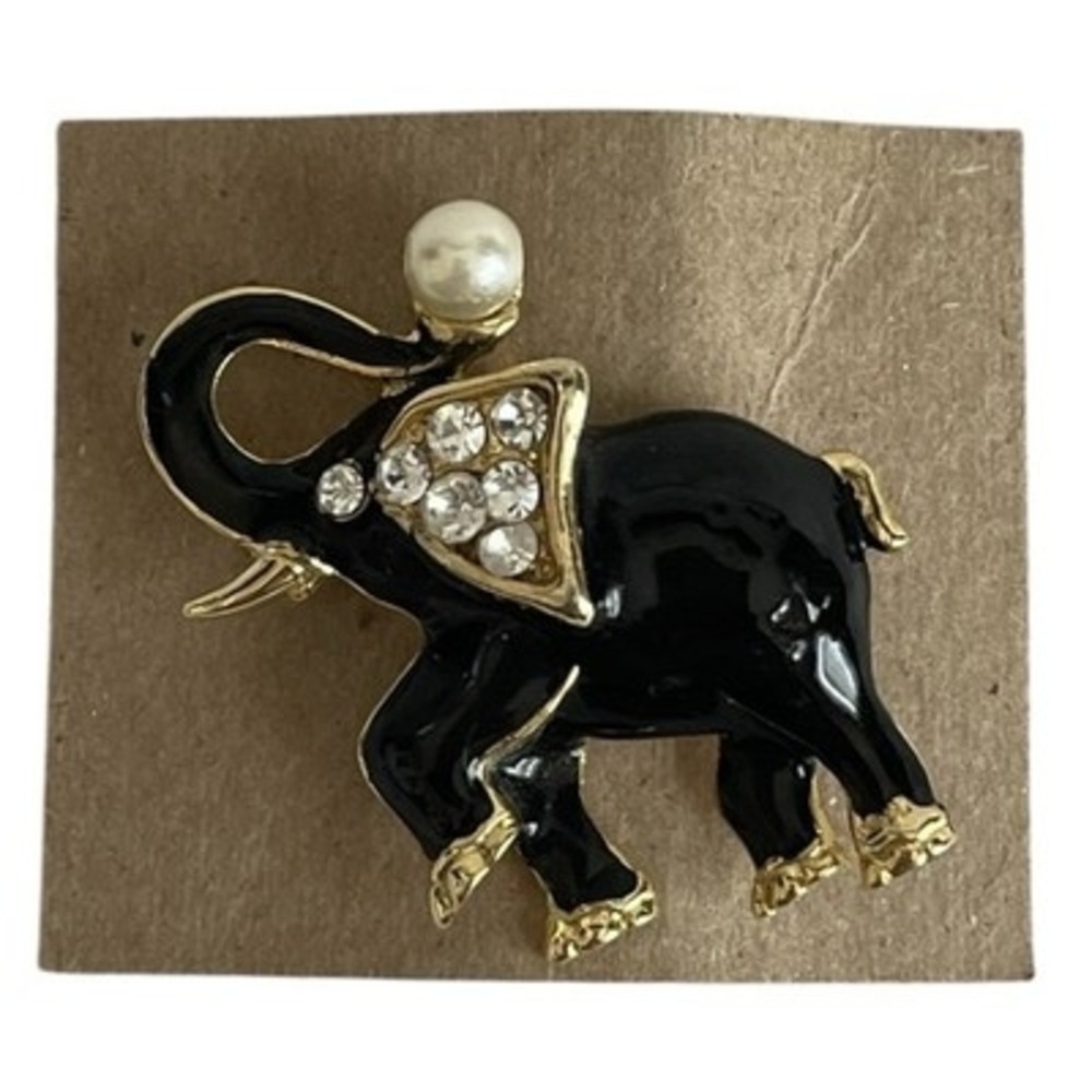 Vintage Black Enamel Elephant Brooch Clear Rhinestones Pearl 1.75"x1.5" Rare - Picture 3 of 4